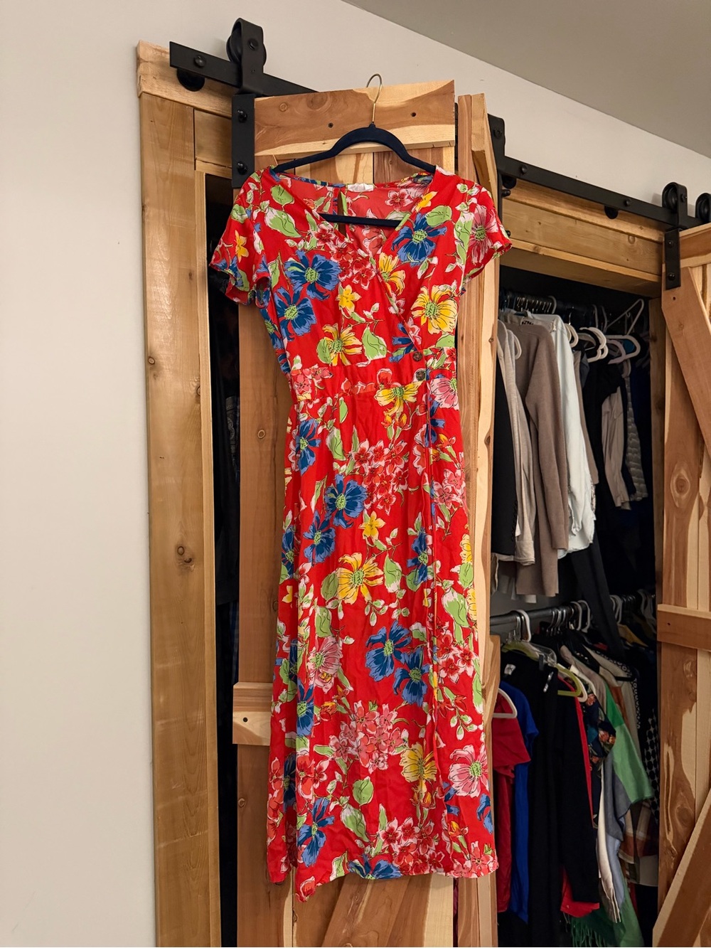Sienna Sky Vibrant Red Floral Midi Dress with Blue & Yellow Blooms